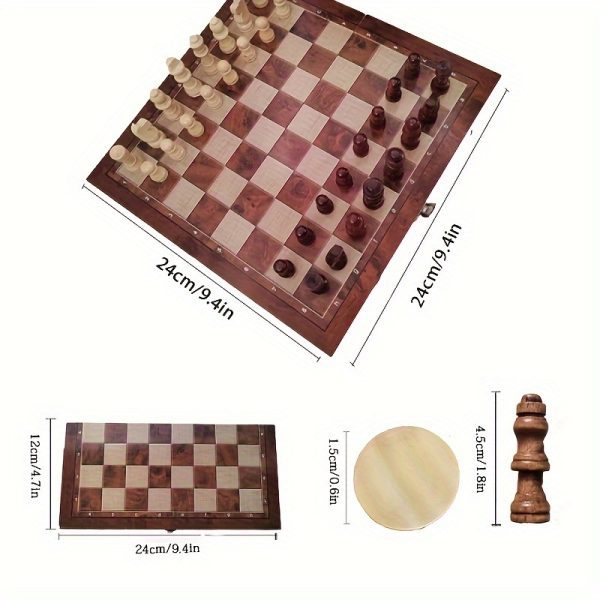 Chess Set,Folding Storage Wooden Chess Board Sets, Wooden Chess,3 in 1 Chess Board Game for Adults and Kids (Chess,Backgammon,Checkers) - Image 3